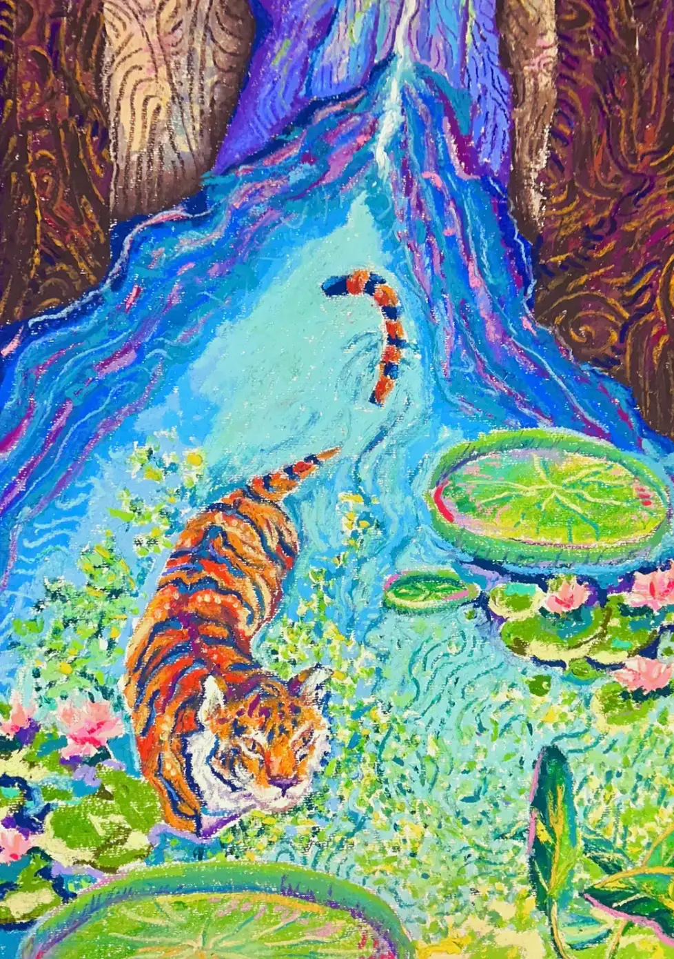 Painting of a tiger prowling through a lily pond, 'Tiger in Luscious Hunt'