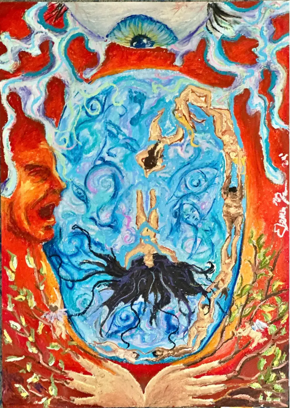 Surreal symbolic painting with a central eye, 'Eye of Patriarchy'