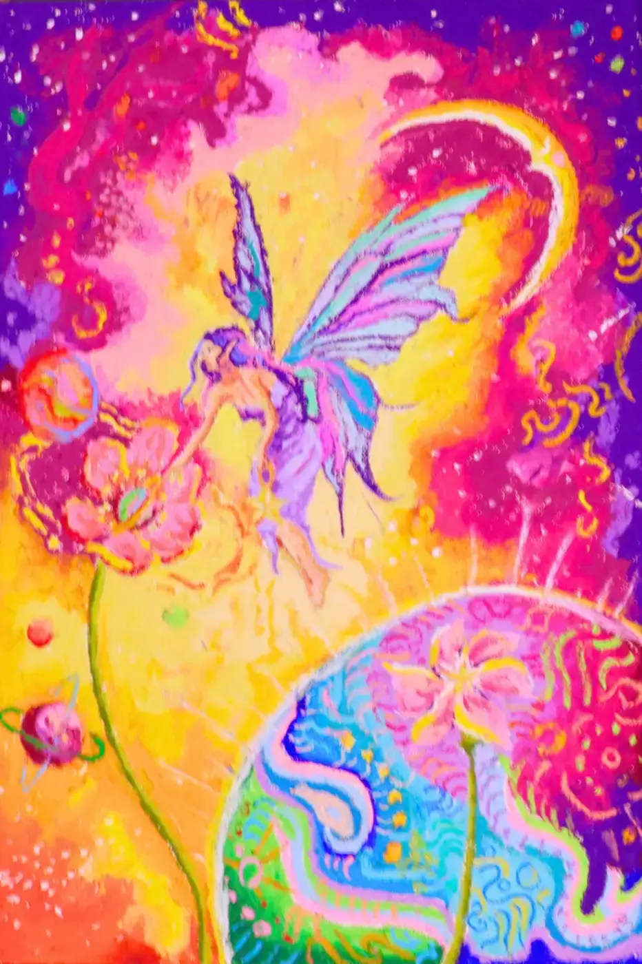Painting of a winged fairy among cosmic flowers, 'A Star Fairy'